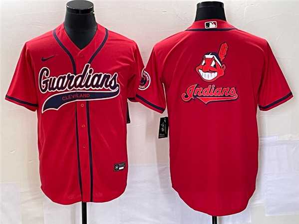 Men%27s Cleveland Guardians Red Team Big Logo With Patch Cool Base Stitched Baseball Jersey